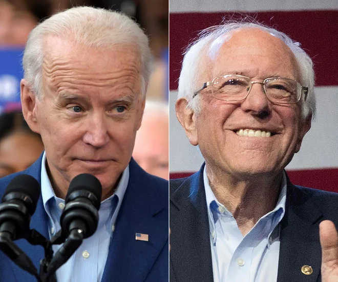 V demokratski predsedniški tekmi se najbolj ogorčeno spopadata Joe Biden in Bernie Sanders. Foto Mark Ralston Afp