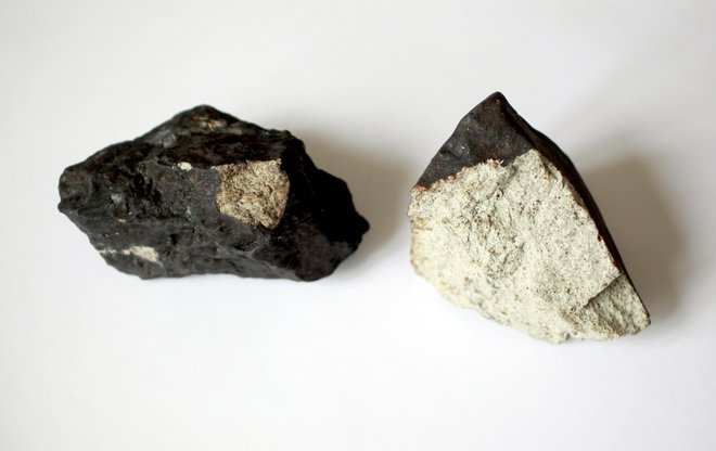 Tako je videti kamniti meteorit, ki ima žgalno skorjico. Na fotografiji je jeseniški meteorit. Na površini jeseniškega so kroglaste tvorbe ali hondrule, ki jih na Zemlji še nismo odkrili, zato je takoj jasno, da gre za meteorit. Zanimivo pri teh je še, da so naravno magnetni. FOTO: Roman Šipić/Delo