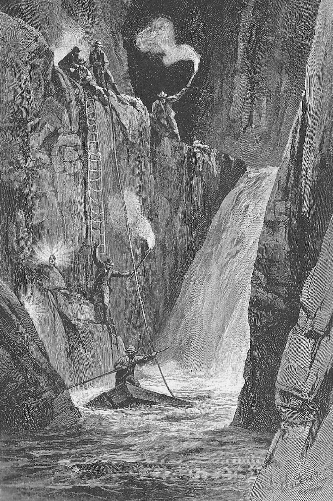 Heillmannova ilustracija spusta čez Šesti slap FOTO: arhiv Parka Škocjanske jame