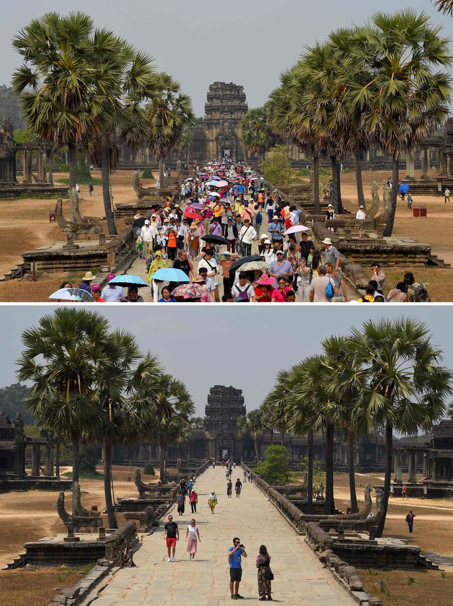 Kdor je lani obiskal Angkor Vat v Kambodži, je doživel zgornjo podobo. Kdor ga je v prvih dneh letošnjega marca, pa spodnjo. FOTO: AFP