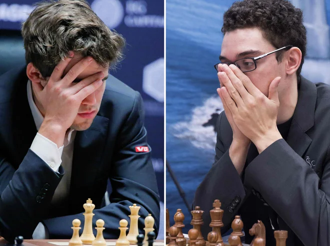 Kdo bo prvak, Magnus Carlsen (levo) ali Fabiano Caruana? FOTO: Koen Suyk/Afp