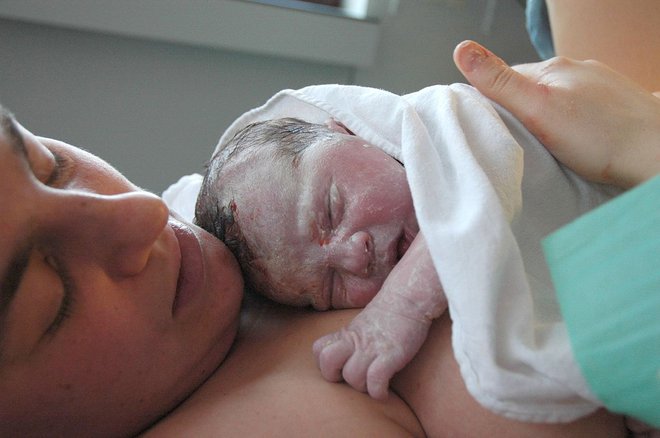 Novorojenček in mati takoj po porodu. Foto Wikipedia