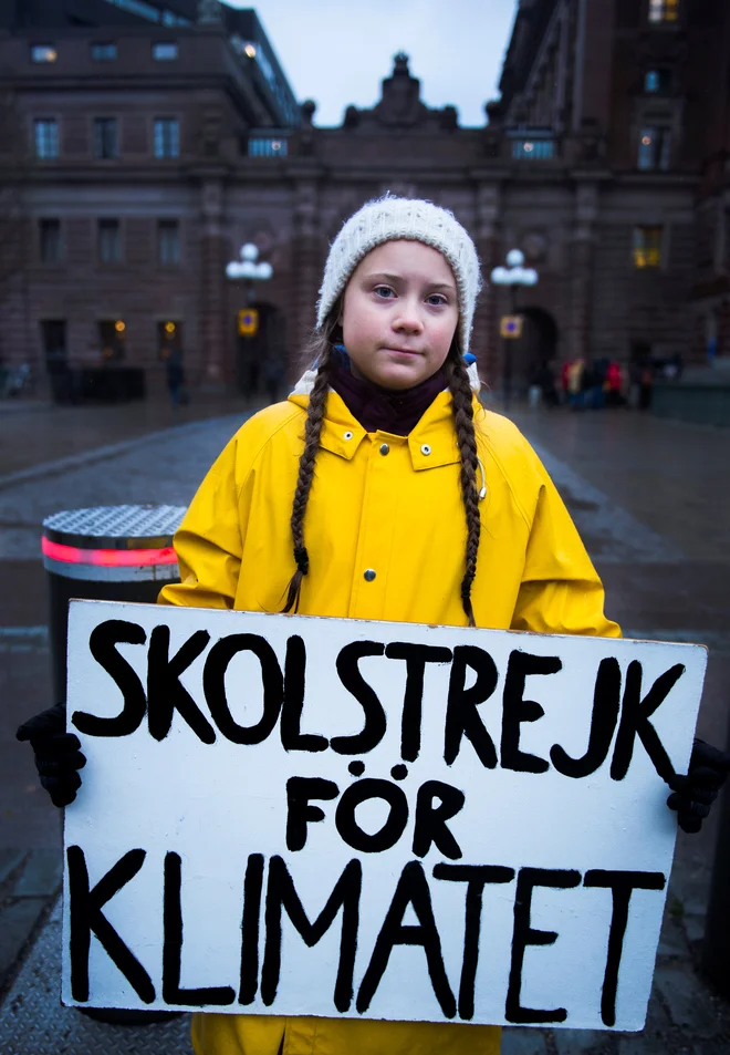 15-letna Greta Thunberg z napisom »Šolska stavka za podnebje« pred švedskim parlamentom. FOTO: Tt News Agency/Reuters