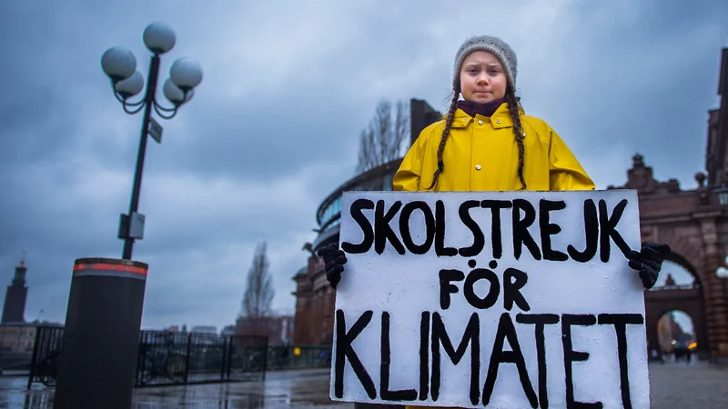 Fotografija: 15-letna Greta Thunberg z napisom »Šolska stavka za podnebje« pred švedskim parlamentom. FOTO: Tt News Agency/Reuters