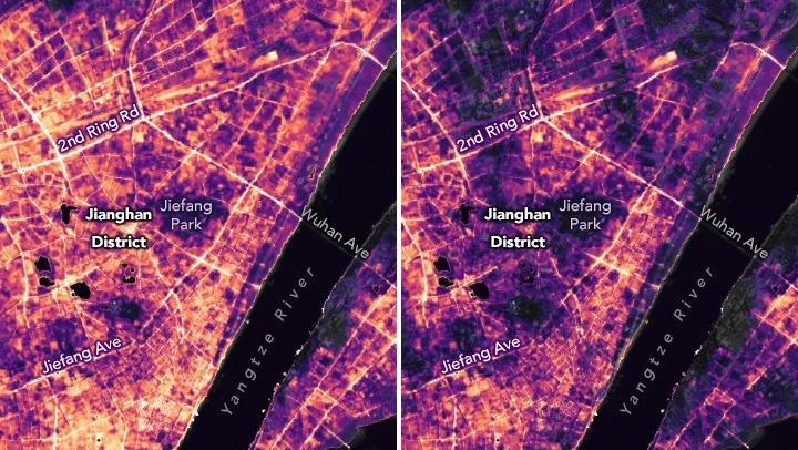 Fotografija: Razlika v osvetljenosti trgovskega območja Jianghan v Wuhanu. FOTO: Nasa