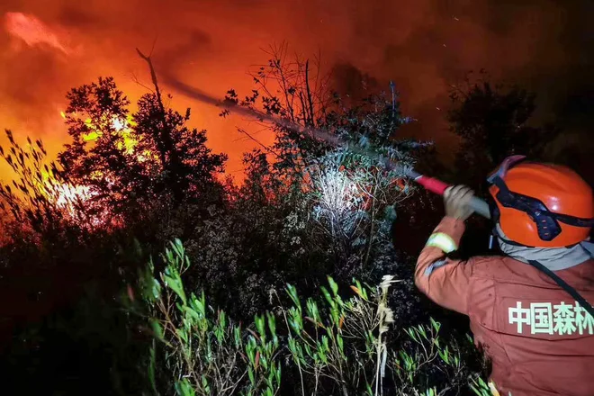Okrog 1200 kitajskih gasilcev in reševalcev se spopada z gozdnim požarom v pokrajini Sečuan, v katerem je umrlo 19 ljudi. FOTO: Str/Afp