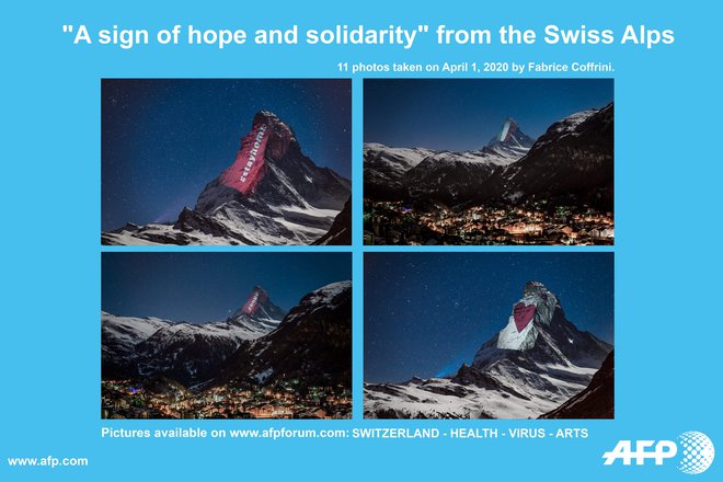Matterhorn bo vse do 19. aprila, ko naj bi se v Švici končalo obdobje najstrožjih ukrepov proti širjenju koronavirusa, platno za solidarnostna sporočila. FOTO: Fabrice Coffrini/AFP