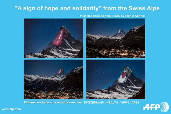 Matterhorn bo vse do 19. aprila, ko naj bi se v Švici končalo obdobje najstrožjih ukrepov proti širjenju koronavirusa, platno za solidarnostna sporočila. FOTO: Fabrice Coffrini/AFP