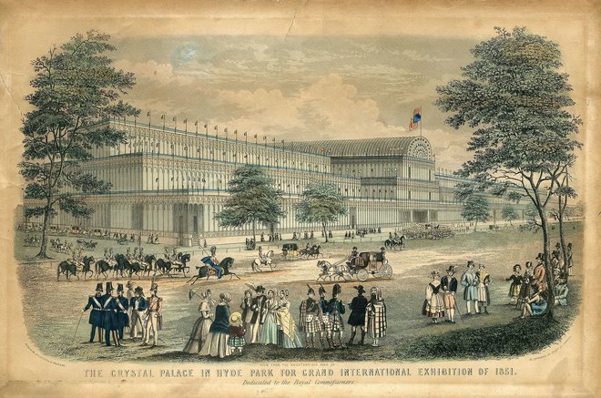 Prvo svetovno razstavo so odprli 1. maja 1851 v Londonu. Na natečaj za razstavišče v Hyde Parku je prispelo kar 250 predlogov, zmagala pa je Kristalna palača Josepha Paxtona. Fotografije Wikipedija