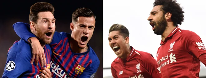 Kdo bo uspešnejši: Lionel Messi in Philippe Coutinho (levo) ali Roberto Firmino in Mohamed Salah (desno)? FOTO: AFP