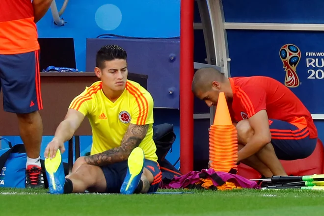 James Rodriguez (levo) med svetovnim prvenstvom v Rusiji. FOTO: Reuters