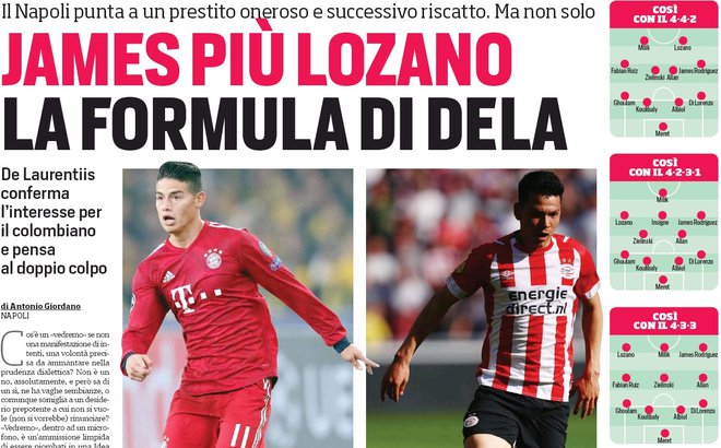 Italijanski dnevnik napoveduje prihod Jamesa Rodrigueza v Neapelj. FOTO: Corriere Dello Sport