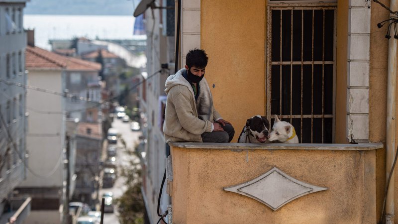 Fotografija: A sits beside his dogs as he waits for the delivery of bread in his home on April 11, 2020 in Istanbul, after Turkish authorities imposed a two-day curfew to prevent the spread of the epidemic COVID-19 caused by the novel coronavirus. (Photo by Yasin AKGUL / AFP) Foto Yasin Akgul Afp