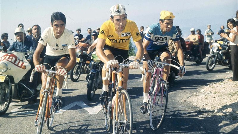 Fotografija: Eddy Merckx (v sredini) je 97 dni nosil rumeno majico vodilnega na Touru, na katerem je slavil pet zmag. FOTO: arhiv Toura