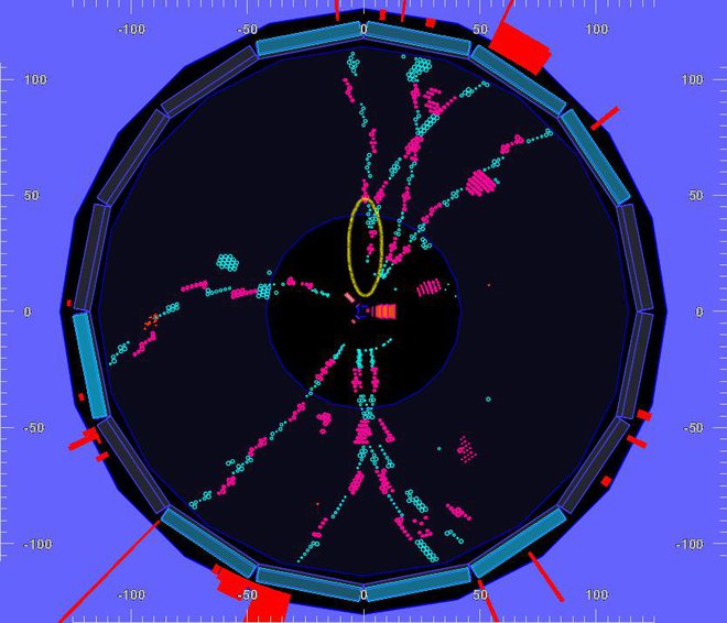 Zapis tipičnega dogodka v detektorju, ki je rezultat trka med elektronom in pozitronom. Ukrivljene sledi nabitih delcev, ki so nastali pri reakciji, zazna velik sledilni detektor v močnem magnetnem polju. Vir KEK