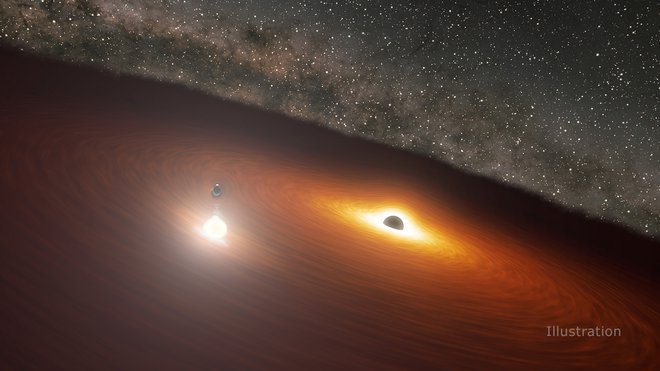 Ilustracija dveh masivnih črnih lukenj v galaksiji OJ 287. FOTO: NASA/JPL-Caltech 