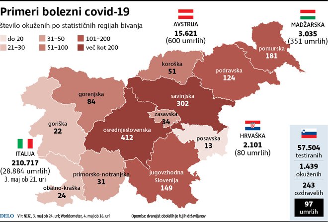 Največ umrlih za korona virusom je v Šmarju pri Jelšah, Ljutomeru in Metliki, največ okuženih v Ljubljani. INFOGRAFIKA: Delo