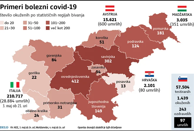 Največ umrlih za korona virusom je v Šmarju pri Jelšah, Ljutomeru in Metliki, največ okuženih v Ljubljani. INFOGRAFIKA: Delo