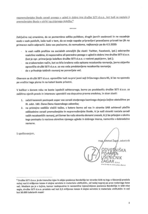 Zadnja stran petstranskega dokumenta, v katerem odvetniška pisarna Ušeničnik Žagar Bandeliija poziva na takojšnje opravičilo. 