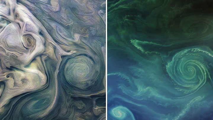 Fotografija: Jupiter (levo) in Zemlja (desno) FOTO: Earth Observatory