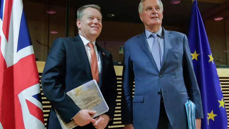 Fotografija: Glavni britanski pogajalec David Frost in njegov francoski kolega Michel Barnier si tokrat ne bosta mogla seči v roke, saj tretji krog pogajanj poteka prek videopovezave. Foto AFP