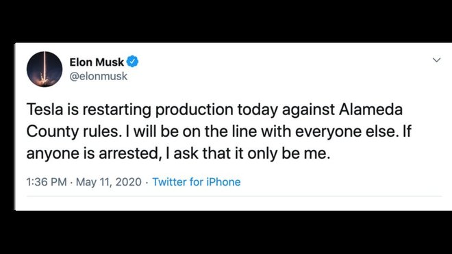 Elon Musk je po twitterju sporočil, da bo tovarna v Fremontu zagnala proizvodnjo kljub prepovedi. FOTO: Twitter
