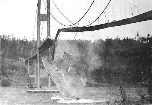 Eden najbolj dokumentiranih in preučenih padcev mostov je zrušitev visečega mosta čez ožino Tacoma v severozahodni ameriški zvezni državi Washington. Foto arhiv zvezne države Washington
