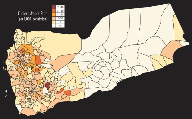 Realne številke primerov obolelih s kolero iz junija 2017. Temnejša območja kažejo več obolelih. FOTO: West Virginia University/Antar Jutla 