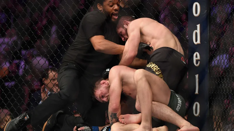 Fotografija: Habib Nurmagomedov (zgoraj) je z davljenjem v četrti rundi prisilil k vdaji Conorja McGregorja. FOTO: AFP