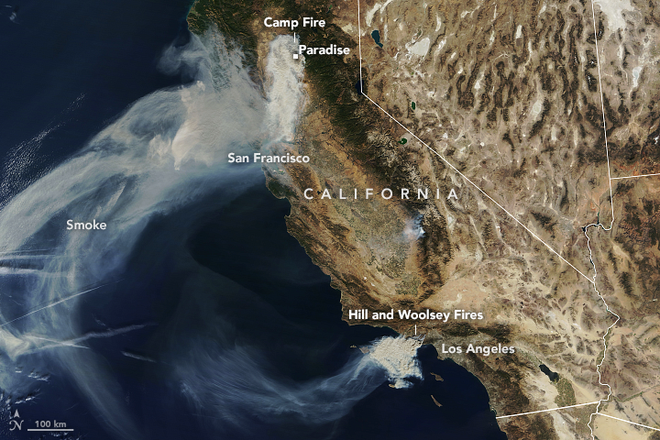 Različna žarišča požarov v Kaliforniji. FOTO: Nasa