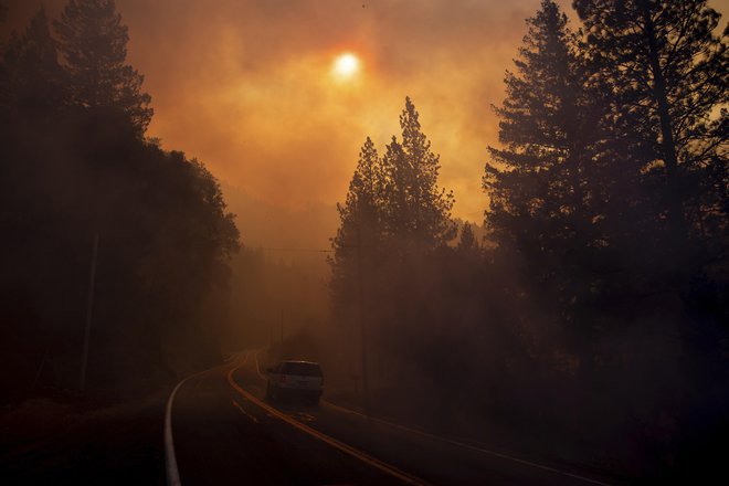 Vozilo se prebija skozi dim blizu mesta Pulga v Kaliforniji. FOTO: Noah Berger/AP