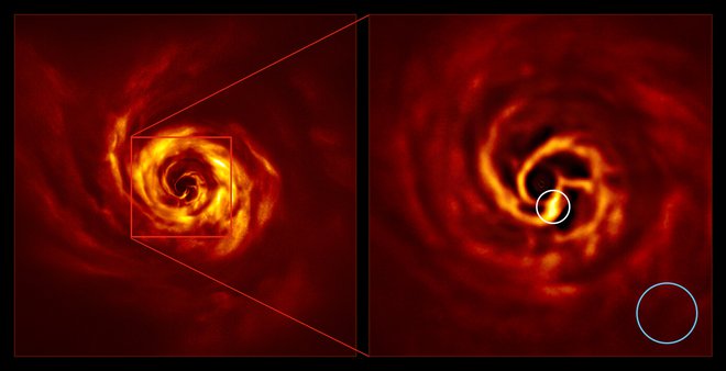 Povečava območja, kjer domnevno nastaja protoplanet. Ta je od zvezde oddaljen kot Neptun od Sonca. FOTO: ESO/Boccaletti et al.