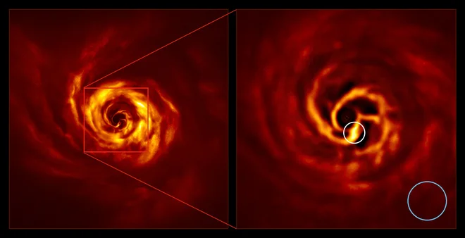 Povečava območja, kjer domnevno nastaja protoplanet. Ta je od zvezde oddaljen kot Neptun od Sonca. FOTO: ESO/Boccaletti et al.