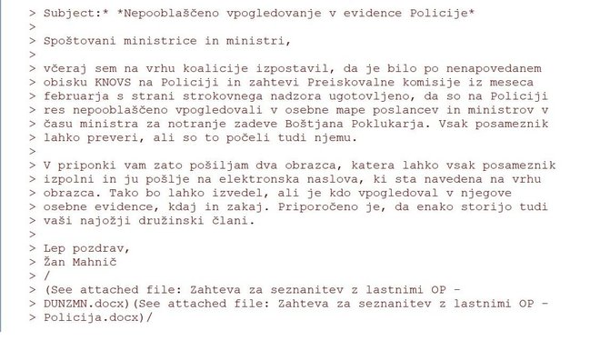 E-sporočilo Žana Mahniča.