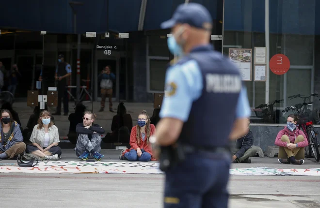Kmalu po začetku protesta je varnostnik na ministrstvu na prizorišče poklical policiste, ki so nekatere udeležence najprej popisali, nato pa so štiri fizično odnesli in jih odpeljali na policijsko postajo. FOTO: Matej Družnik/Delo