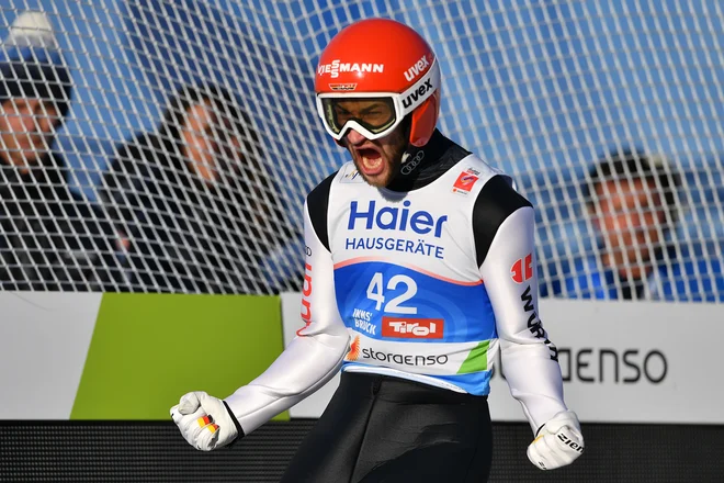 Markus Eisenbichler je bil z naskokom najprepričljivejši na tekmi. FOTO: Joe Klamar/AFP