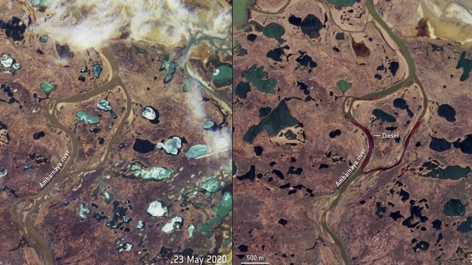 Fotografija: Primerjava reke pred onesnaženjem in po njem. FOTO: Esa