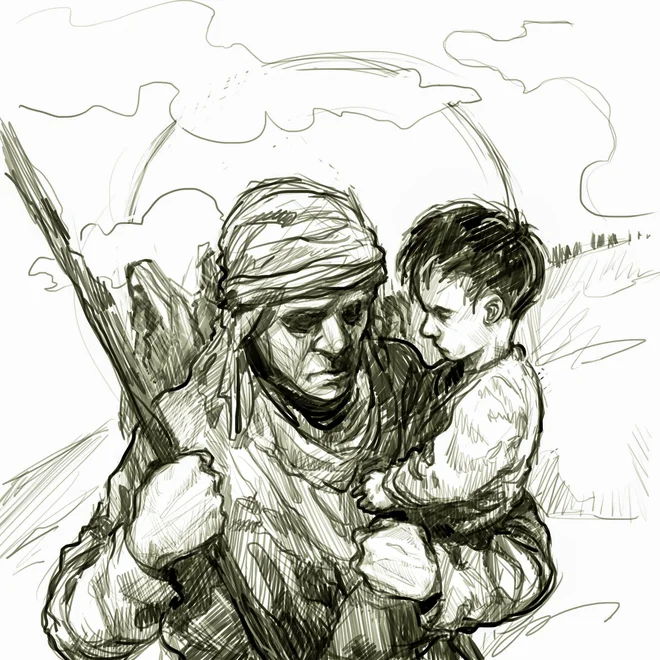 Ilustracija Gaje Pekošak k pesmi Uroša Praha<em> Imigrant. </em>FOTO: arhiv GCC