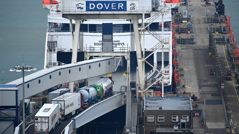 Fotografija: Kolona tovornjakov med vkrcavanjem na trajekt v najbolj prometnem britanskem pristanišču Dover. Foto: Ben Stansall/Afp
