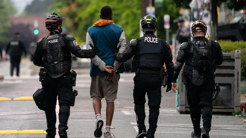 Fotografija: Aretacija protestnika v Seattlu.Foto David Ryder Afp