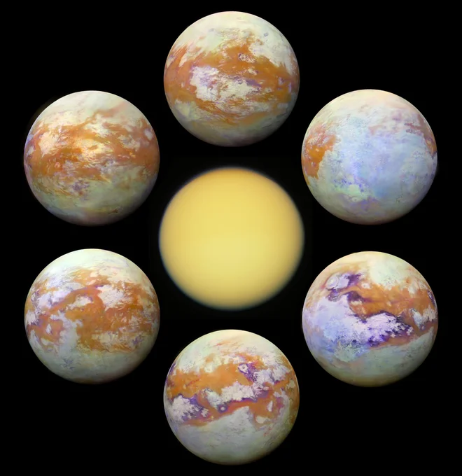 Tinan v vidni svetlobi (na sredini) in infrardeči. FOTO: NASA/JPL-Caltech/Stéphane Le Mouélic, University of Nantes, Virginia Pasek, University of Arizona 