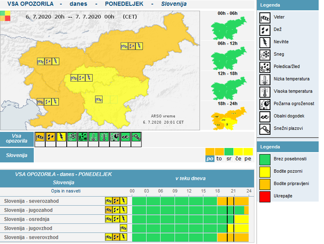 Opozorila za nevihte. FOTO: meteo.si