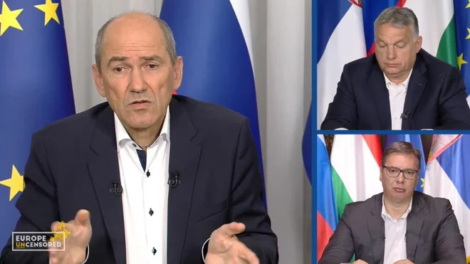 V razpravi z nazivom Necenzurirana Evropa sta poleg Janeza Janše sodelovala madžarski premier Viktor Orban in srbski predsednik Aleksandar Vučić. FOTO: Europe Uncensored