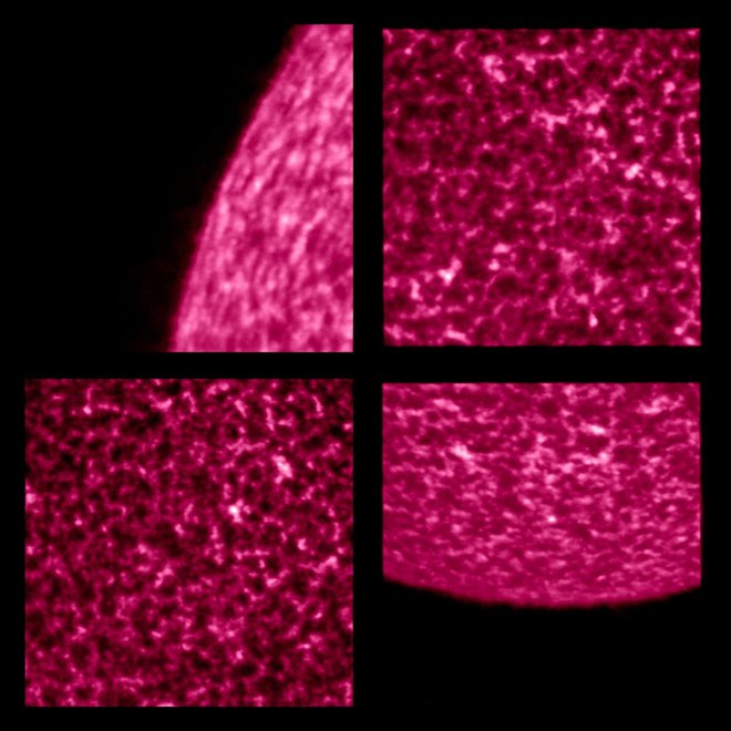 Rožnata fotografija je posneta v ultravijolični vodikovi črti, ki jo imenujemo Lymanova črta alfa in je po besedah dr. Sanje Jejčič najmočnejša ultravijolična vodikova črta v sončnem spektru (valovna dolžina je 121,6 nanometra). V UV-svetlobi lahko opazuj
