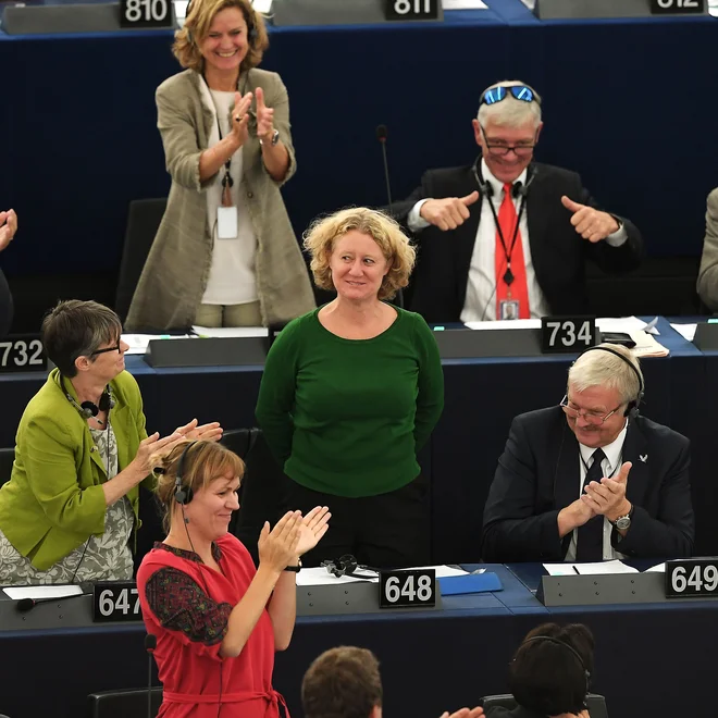 Judith Sargentini po glasovanju o sprožitvi postopka proti Madžarski v evropskem parlamentu. FOTO: AFP
