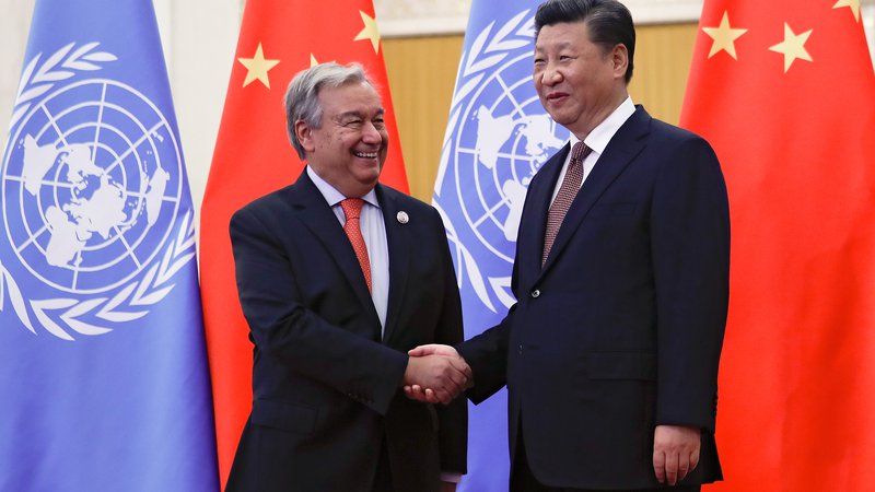 Fotografija: Generalni sekretar združenih narodov Antonio Guterres in kitajski predsednik Xi Jinping, ki letos ni odpotoval v New York. FOTO: Reuters