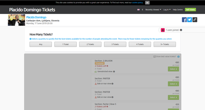 Cene vstopnic za Domingov koncert v Ljubljani so v spletni ponudbi portala Viagogo bolj zasoljene.