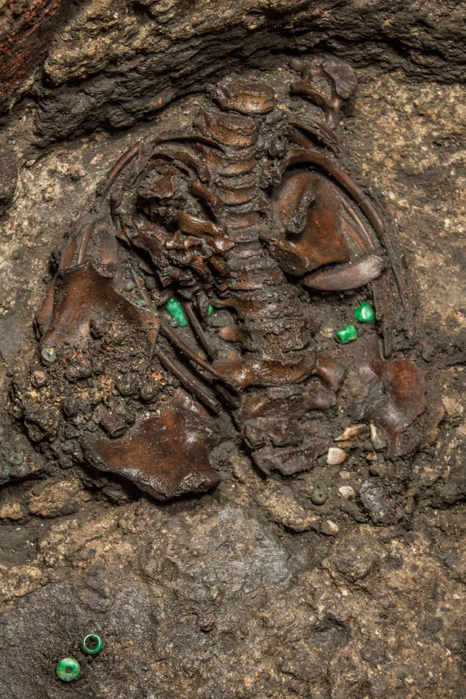 Okostje dečka, ki so mu nadeli oblačila azteškega vojaškega boga in boga sonca. FOTO: Reuters