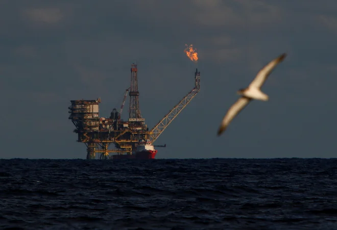 A seagull flies in front of an oil platform in the  Bouri Oilfield some 70 nautical miles north of the coast of Libya, October 5, 2017.   REUTERS/Darrin Zammit Lupi - RC1249351C40