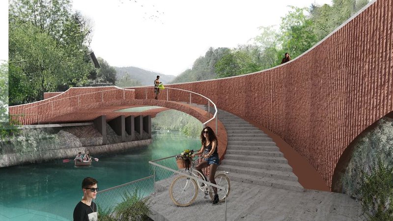 Fotografija: Potrjena idejna rešitev predvideva betonski most v opečnati barvi z ločenimi pasovi za vozila, kolesarje in pešce ter s povezovalnim lokom na pešpot ob jezeru. Foto Biro Triiije